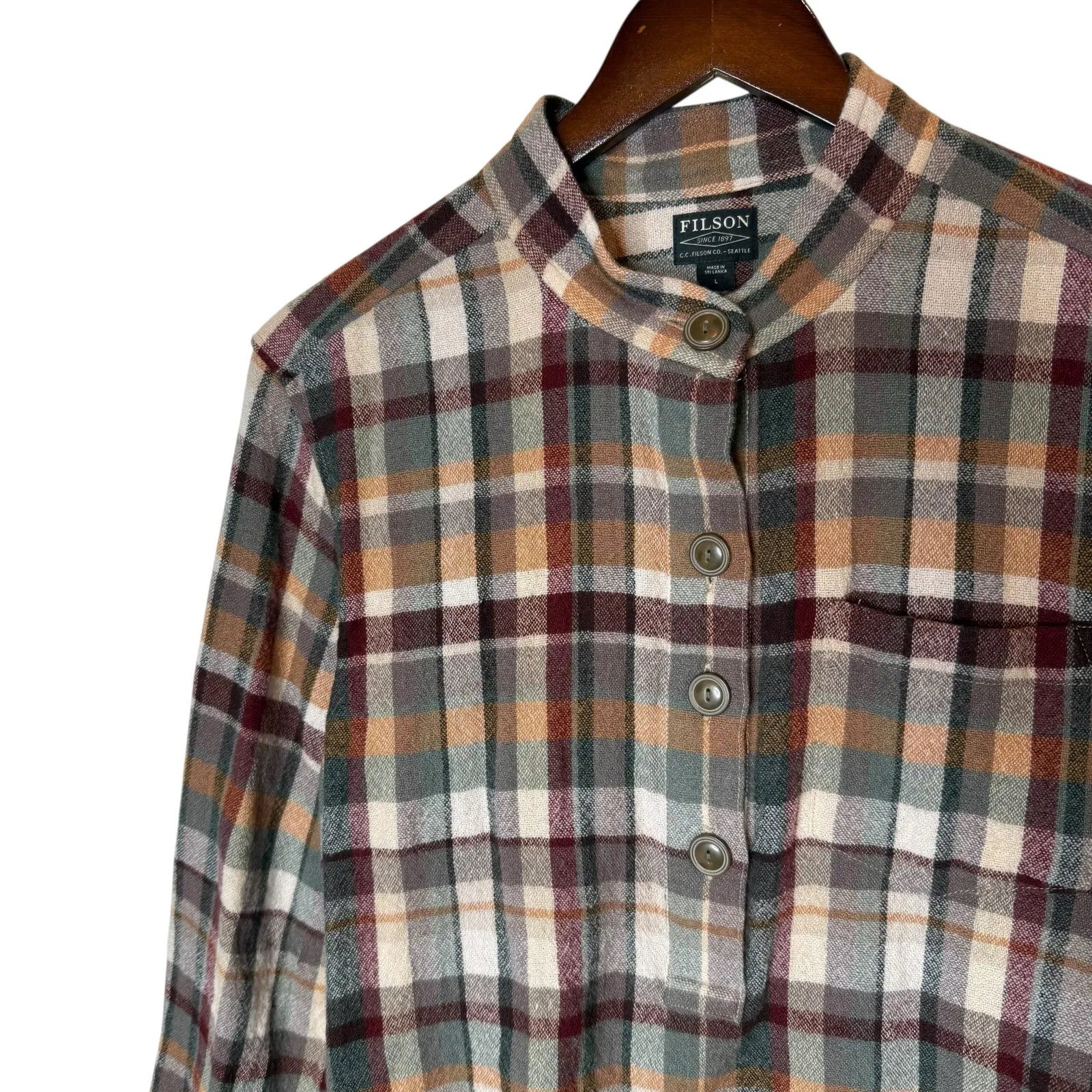 Filson Wool Blend Plaid Popover Henley Shirt Natural Rust Green size Large Brown - Image 2