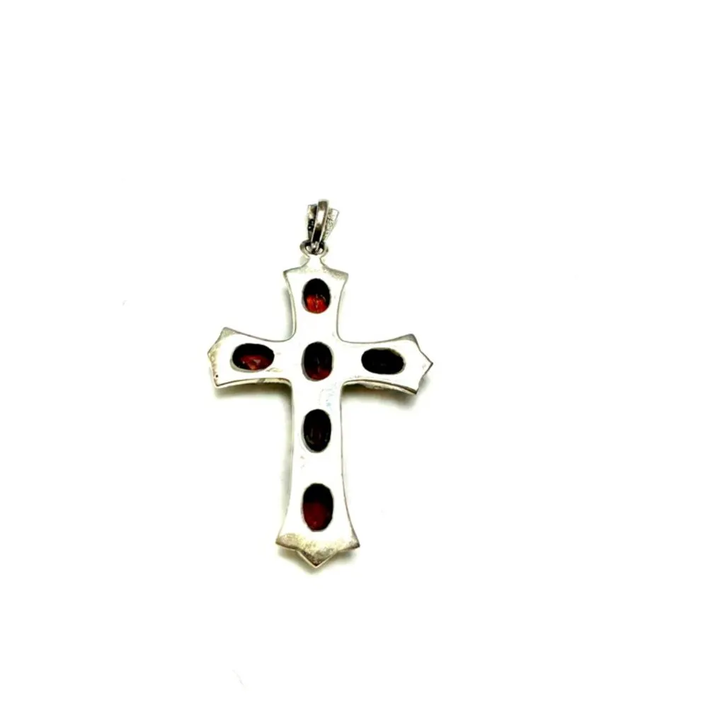 Garnet and Marcasite set in a Cross Pendant Sterling Silver Stamped 925 - Image 3