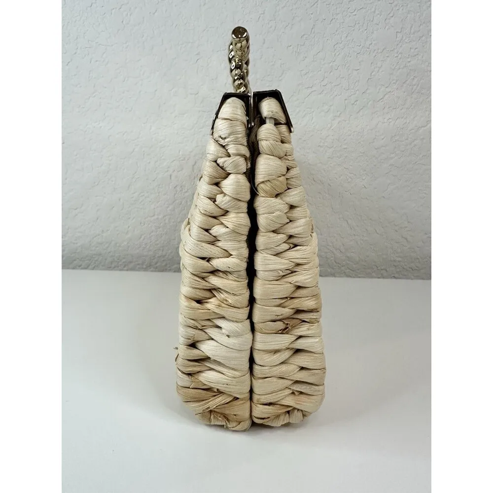 TALBOTS Rattan Wicker Crossbody Clutch Woven Straw Handbag Gold Chain Strap Knot - Image 2