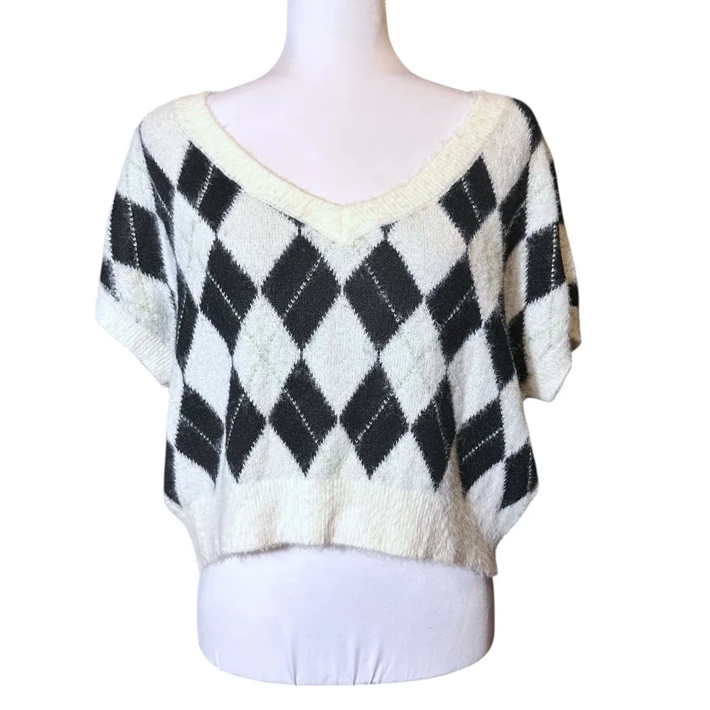 Free People SM Through The Motions Vest Cream Black Eyelash Knit V Neck Argyle - Image 4