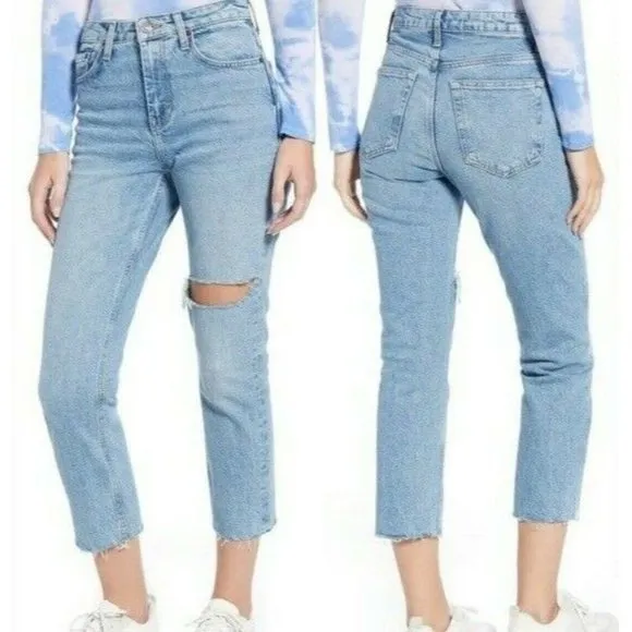 Topshop Womens Blue Ripped Straight Leg High Waisted Raw Hem Jeans Size 14 - Image 2