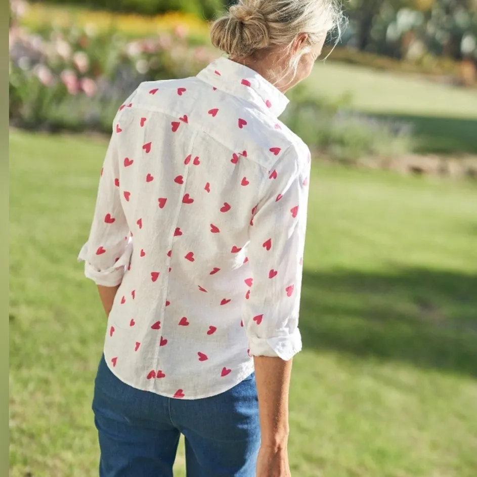 Frank & Eileen XXS Barry Button Up White Shirt Pink Hearts Linen - Image 5