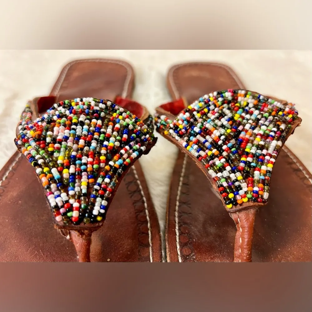African Maasai Multicolored Beaded Flip Flop Sandals Size 40/9 Brown - Image 3
