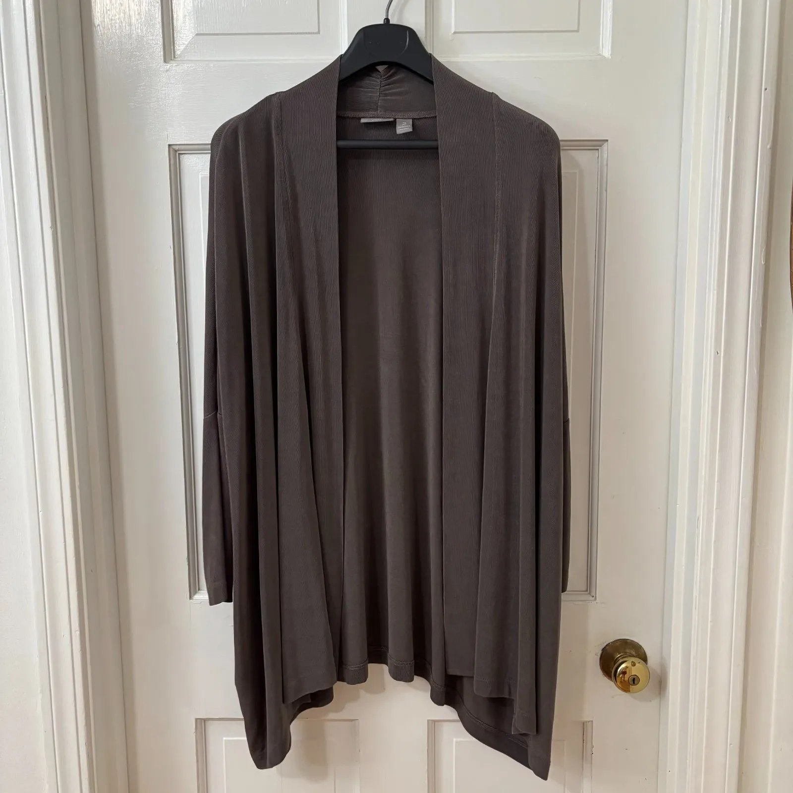 Chicos Travelers Slinky Knit Cardigan SZ 2 (12) Putty‎ Brown Open Tunic Capsule - Image 2