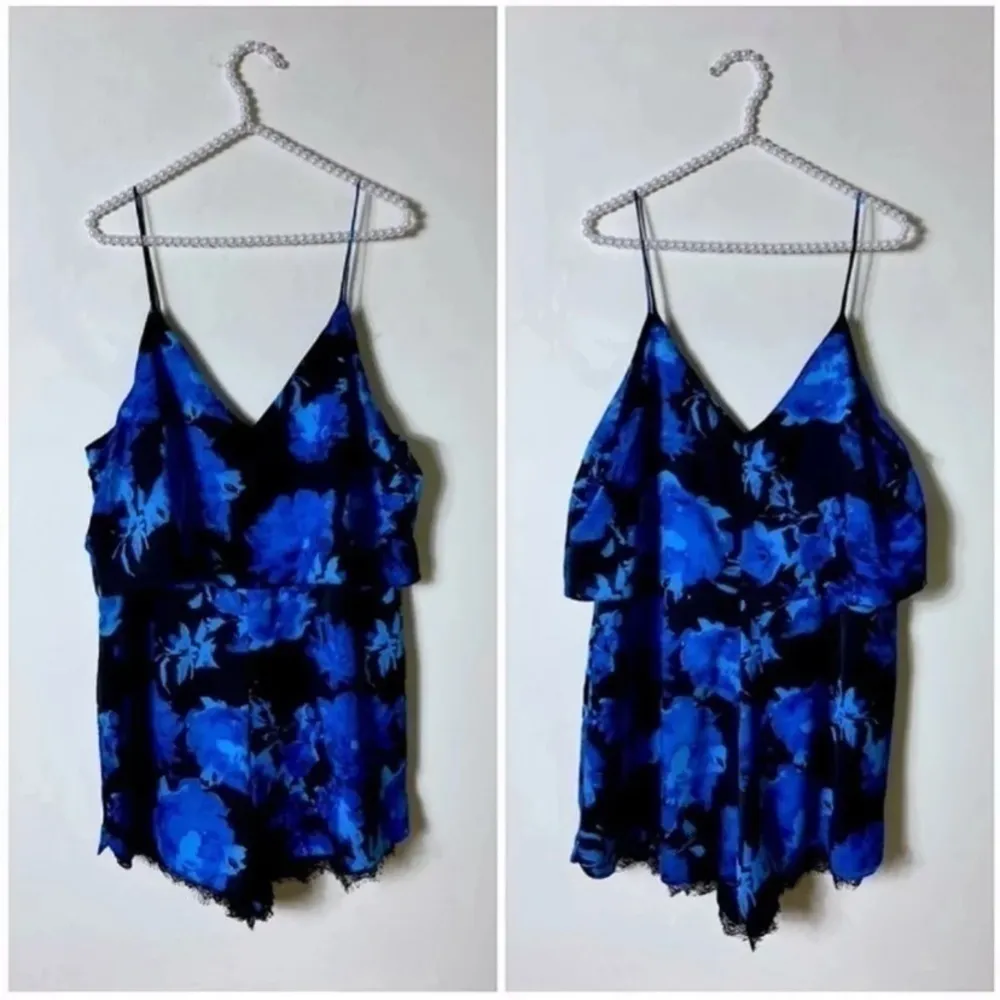 Topshop Blue Black Satin Floral Strappy Romper Playsuit Lace Hem Size 12 Large - Image 4
