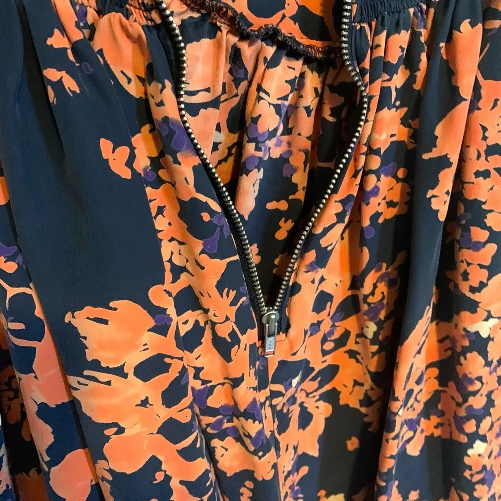 Parker 100% silk Floral Printed Navy Orange Purple ruched flare mini dress - Image 6