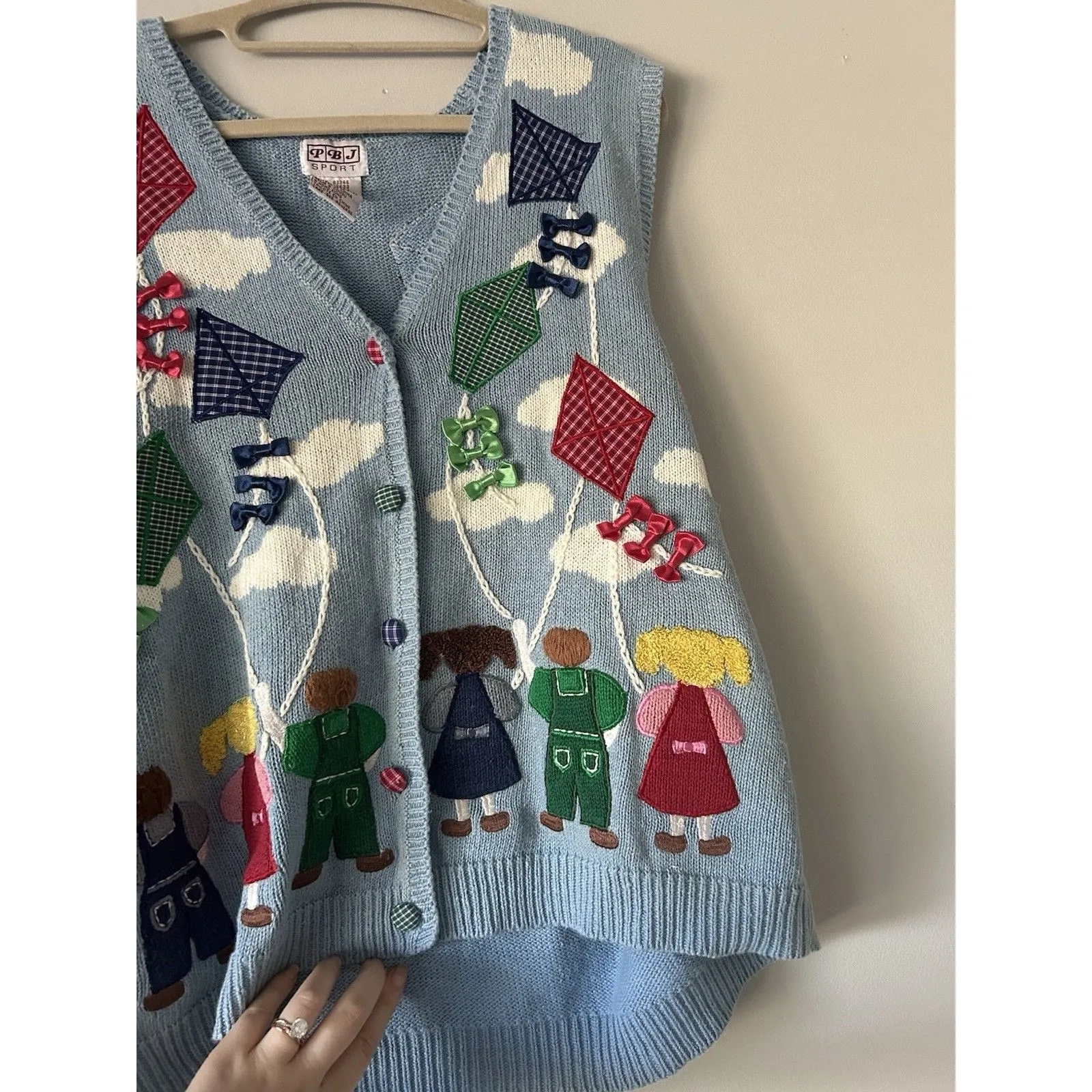Vintage PBJ Sport Blue Vintage Sweater Vest Size XL Embroidered Kite Scene - Image 3