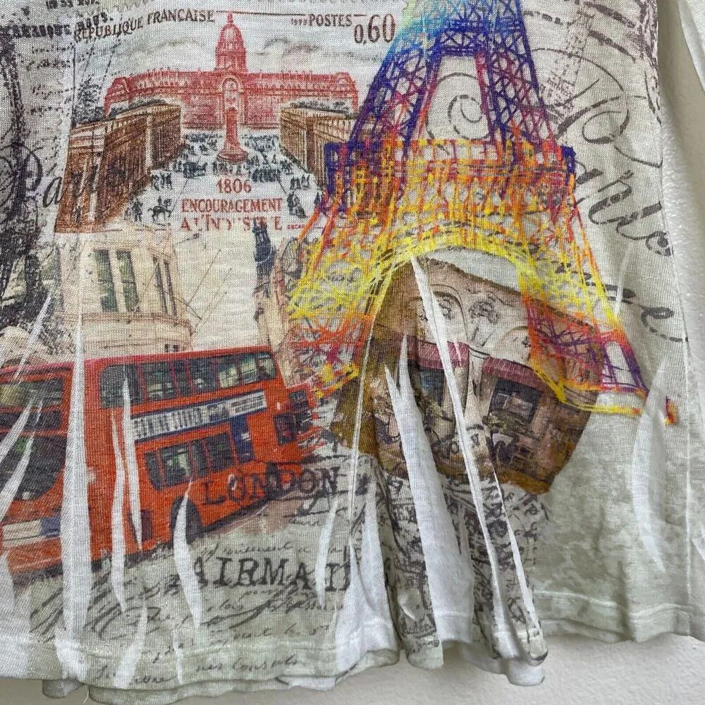 Cactus Shirt Womens Large Top White Multi Europe Paris Mail Stamp Rhinestone - Image 6