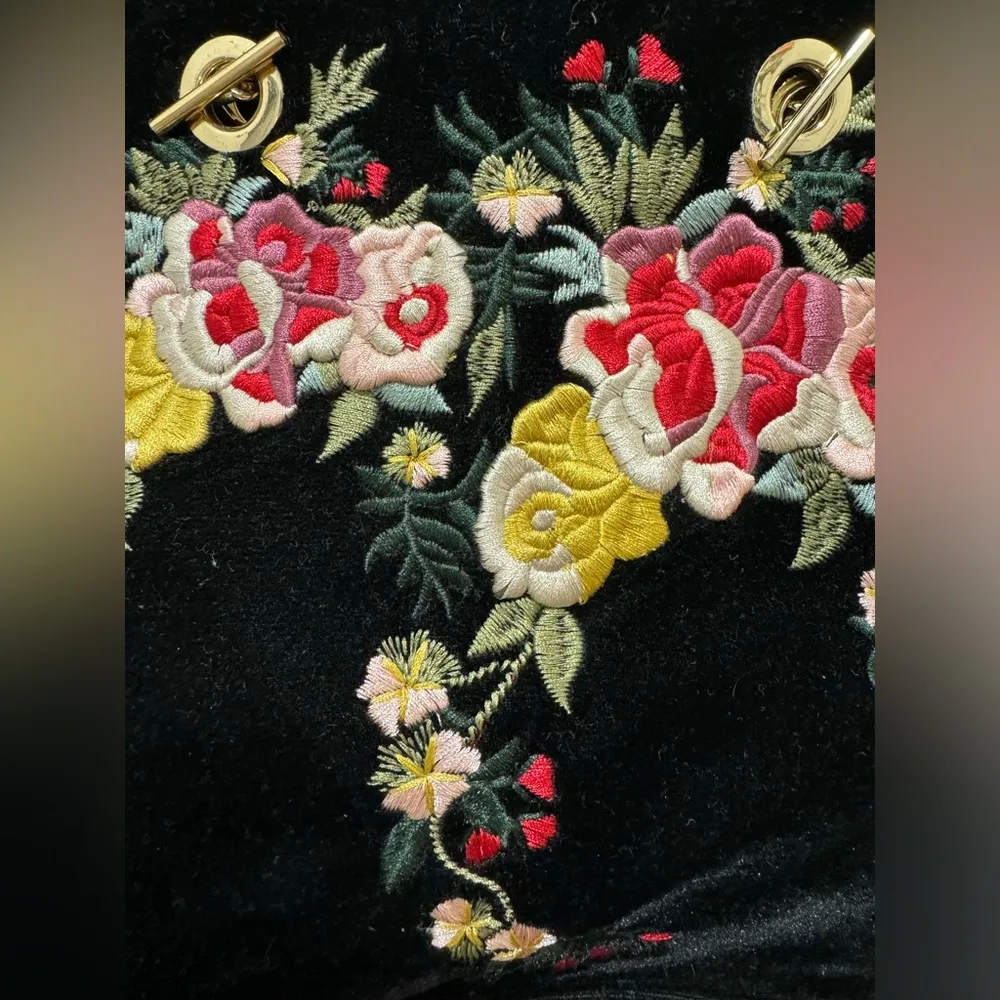 Zara Velvet Embroidered Floral Bucket Bag Gold Chain - Image 4