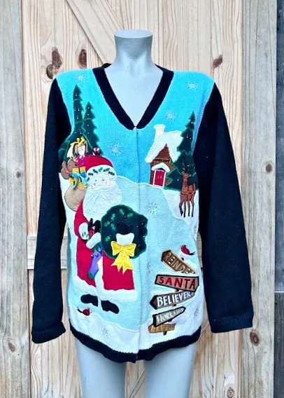 Vintage Quacker Factory Blue Santa North Pole Christmas Cardigan Sweater~S~ - Image 1