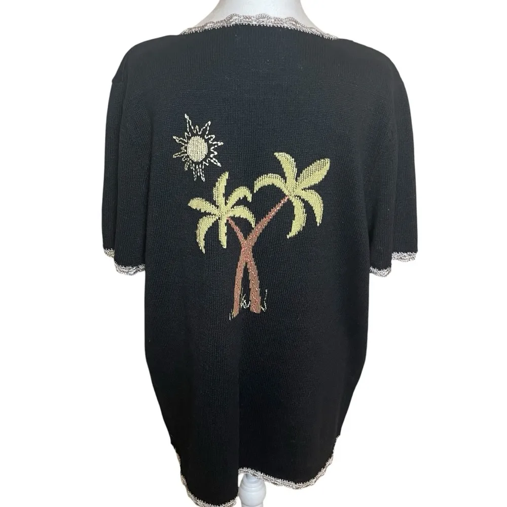 CJ Banks Hand Embroidered Plus Palm Tree Short Sleeve Sweater 1X Coastal Beach Black - Image 4