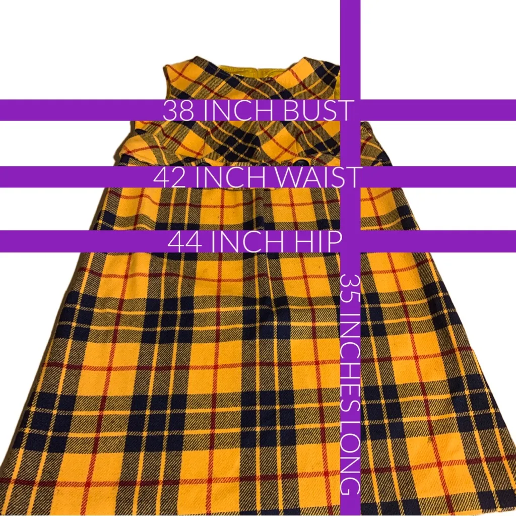 VINTAGE 1960'S M.H. FINE CO YELLOW & BLUE PLAID WOOL BLEND SHIFT DRESS (12) - Image 13