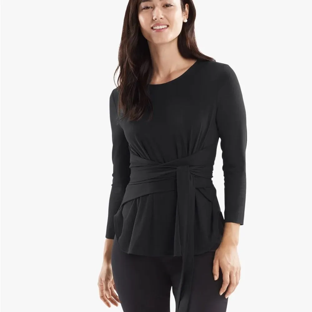 MM Lafleur Walker Top Black Silk Blend Knit Crepe Waist Tie Blouse M - Image 2