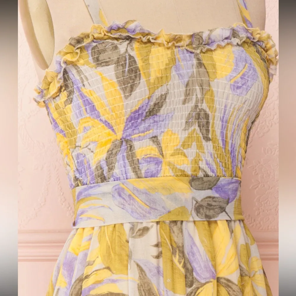Saints + Secrets Ruffled Floral Yellow & Purple Casual Dress Size XS Cotton NWOT - Image 3