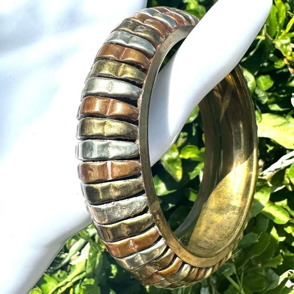 Vintage brass, copper and silver tone ribbed chunky bangle bracelet - Image 7