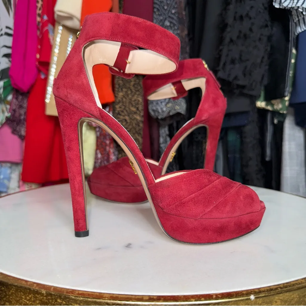Prada Suede Peep Toe High Heel Sandals with Platform in Wine Red - Image 15