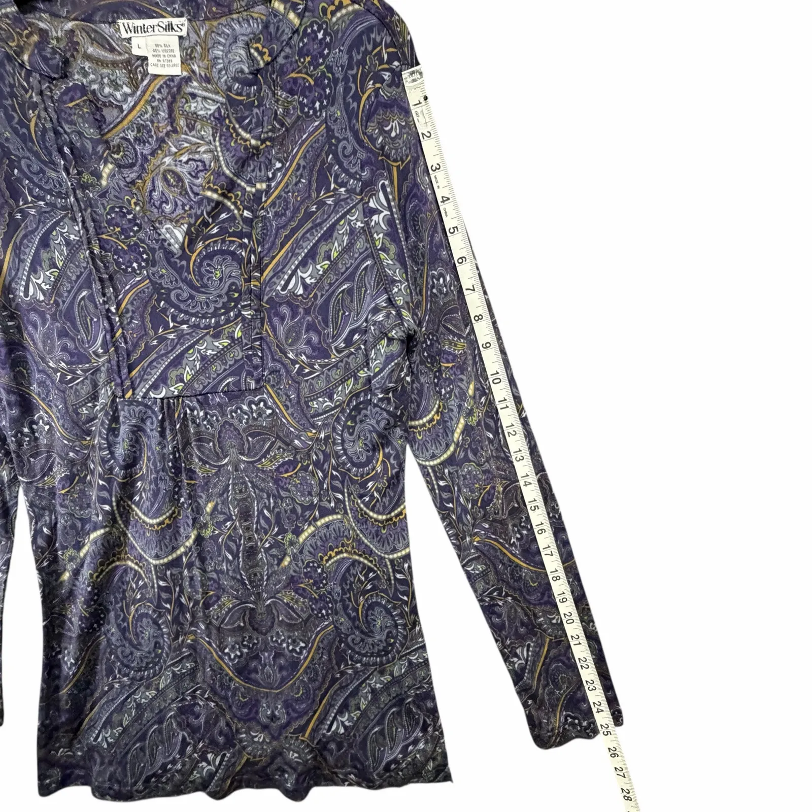 Winter Silks Y2K Babydoll Top L Purple Paisley Silk Blend Feminine Boho Blouse Size L - Image 11