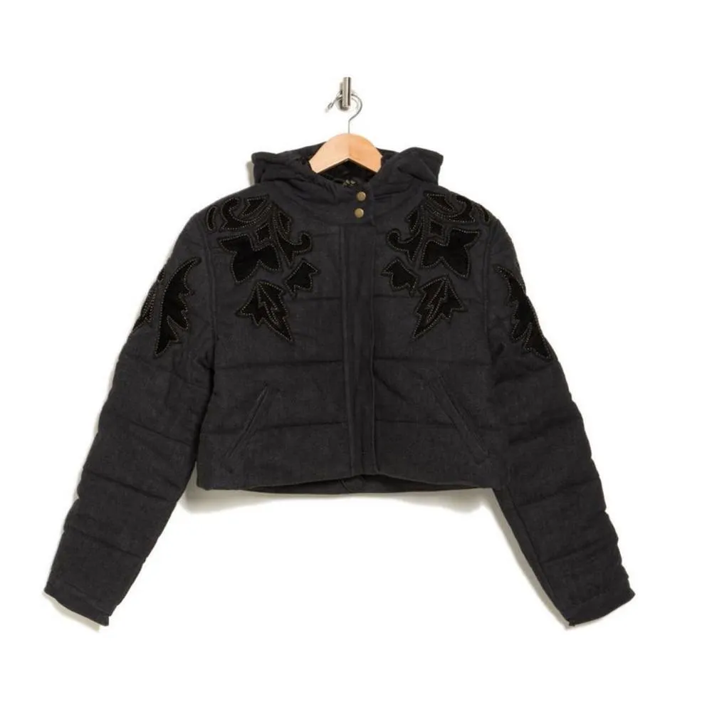 Free People RARE Fleur de Lis Black Denim Hoodie Puffer Jacket Medium NEW - Image 5