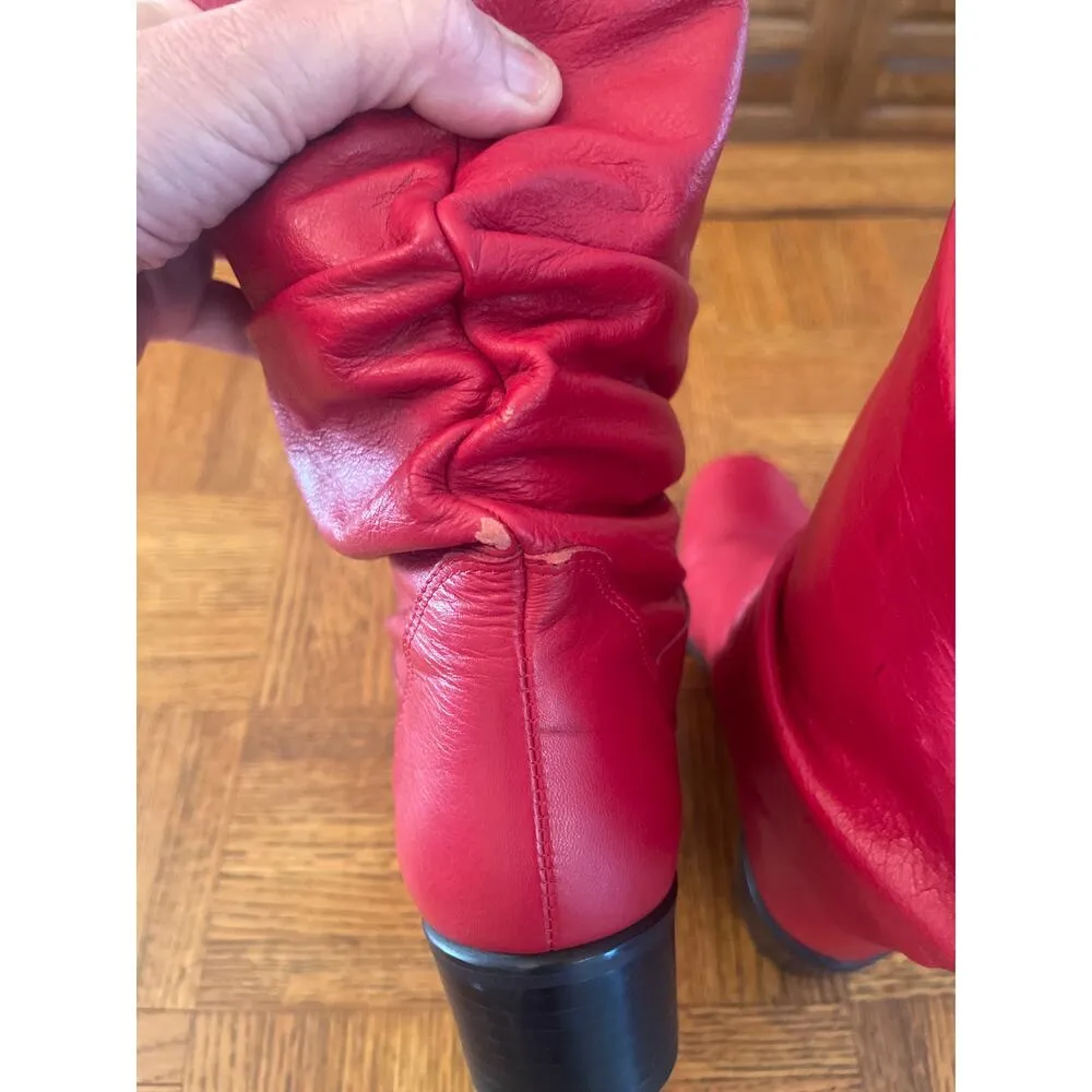 90s Vintage Red Leather Mid Calf Slouchy Boots • 6 • Hunt Club • Chunky Heeled - Image 5