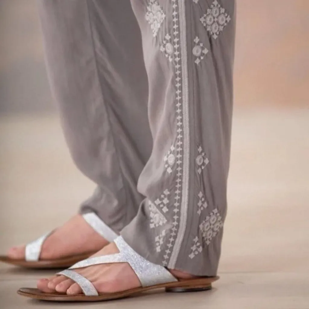 Sundance Tone It Up Embroidered Pull On Pants Taupe Medium Boho Resort Coastal Brown - Image 4