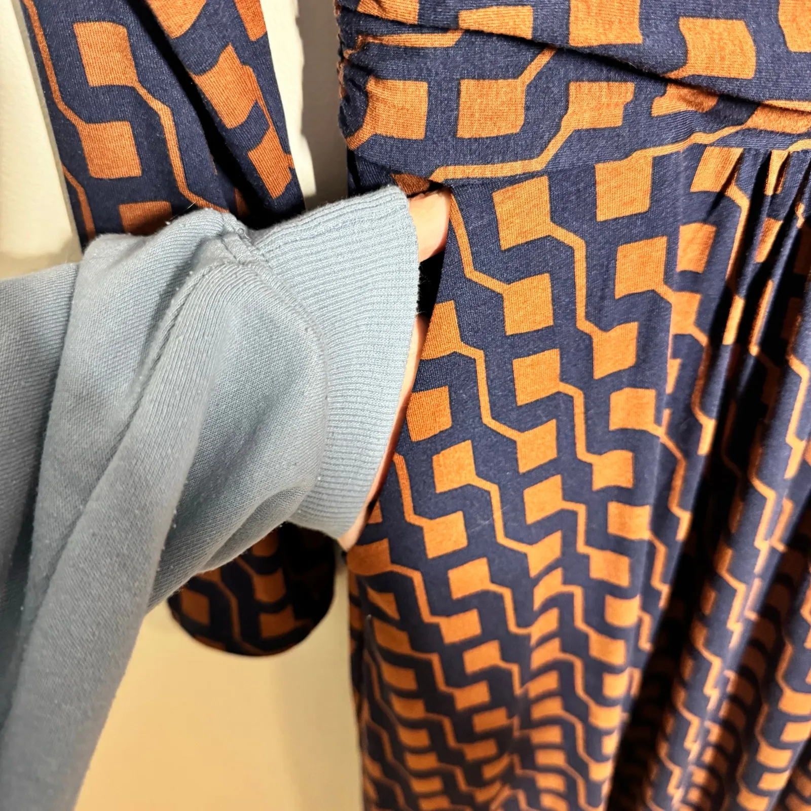 Boden Abigail Brown Blue Geometric Stretch Jersey Midi Dress Women 8R Pocket Mod Size 8 - Image 8