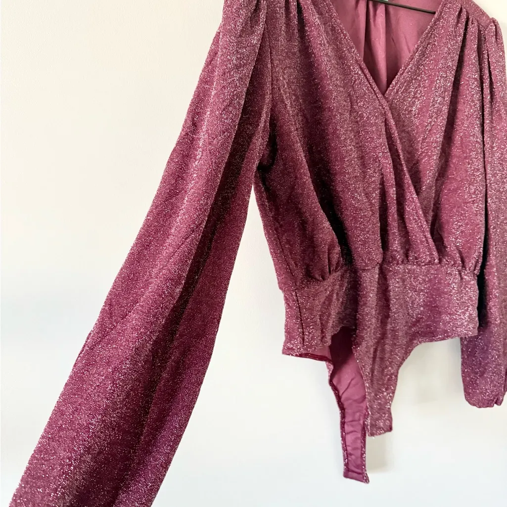 Good Luck Gem Faux Wrap Bodysuit in Maroon Metallic Shimmer Size L - Image 2