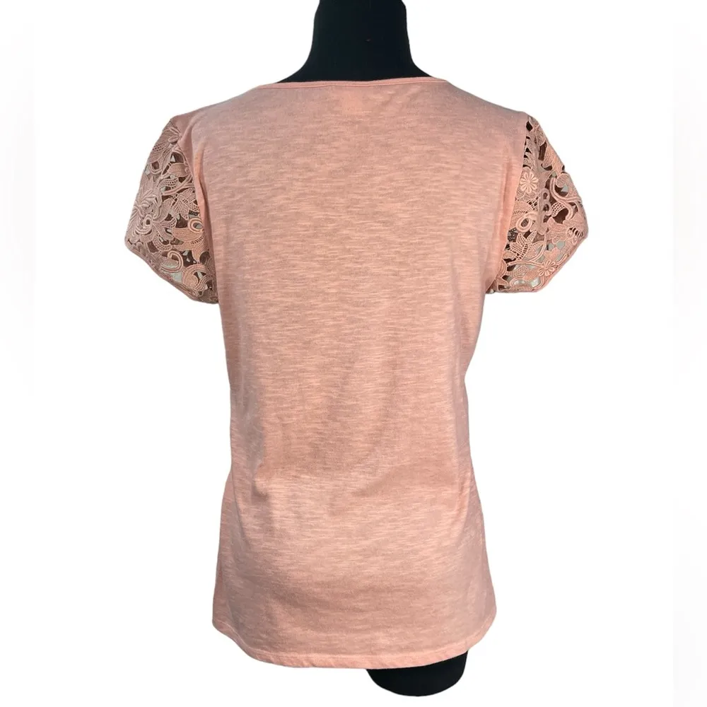 Lace cap sleeve crocheted embroidered floral see through burnout t-shirt - Image 3