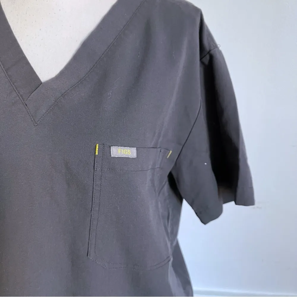 Figs • Grey with Yellow Stitching Catarina Scrubs Top - Image 3