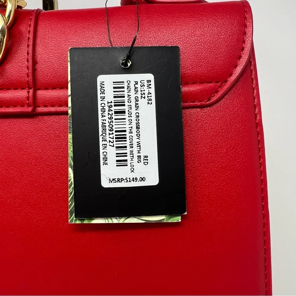 Badgley Mischka Purse Plain Grain Crossbody Big Chain Stud Lock Red - MSRP $149 - Image 4