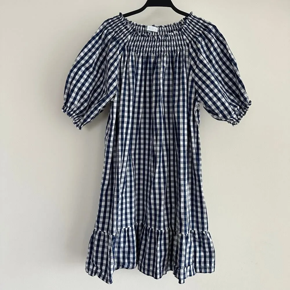 LAKE Veranda Dress XL Smocked Navy White Gingham Plaid Check Cotton Cottage Blue - Image 3