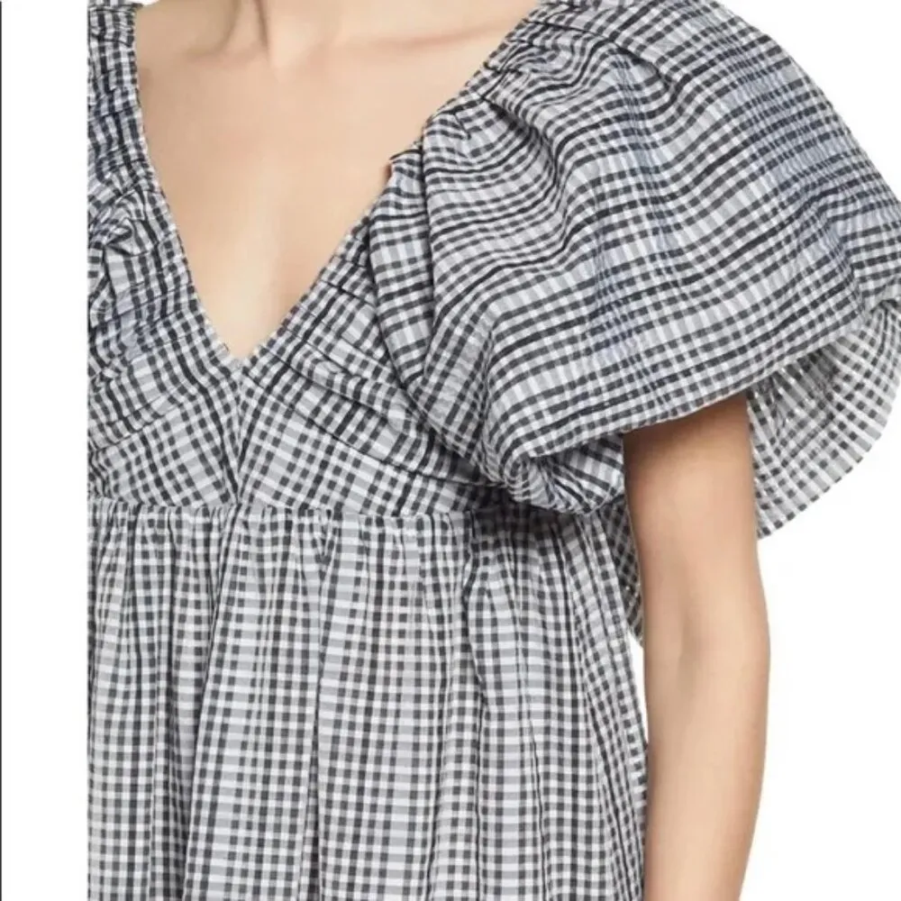 Moon River Afternoon Sunshine Multi Plaid Puff Sleeve Mini Dress - Image 6