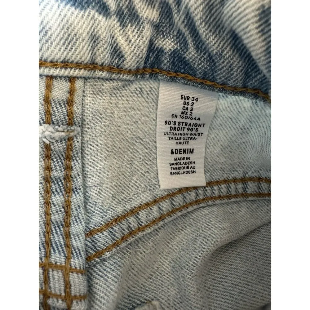 H&M &Denim 90’s Straight Ultra High Waist Jeans Wide Leg Light Distressed Size 2 - Image 4