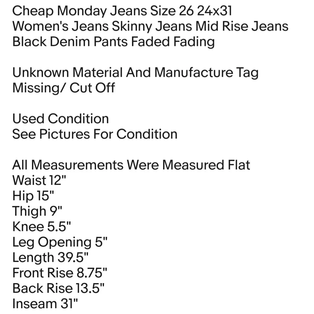 Cheap Monday Jeans Size 26 24x31 Women's Jeans Skinny Jeans Mid Rise Jeans Black Denim Pants  - Image 7