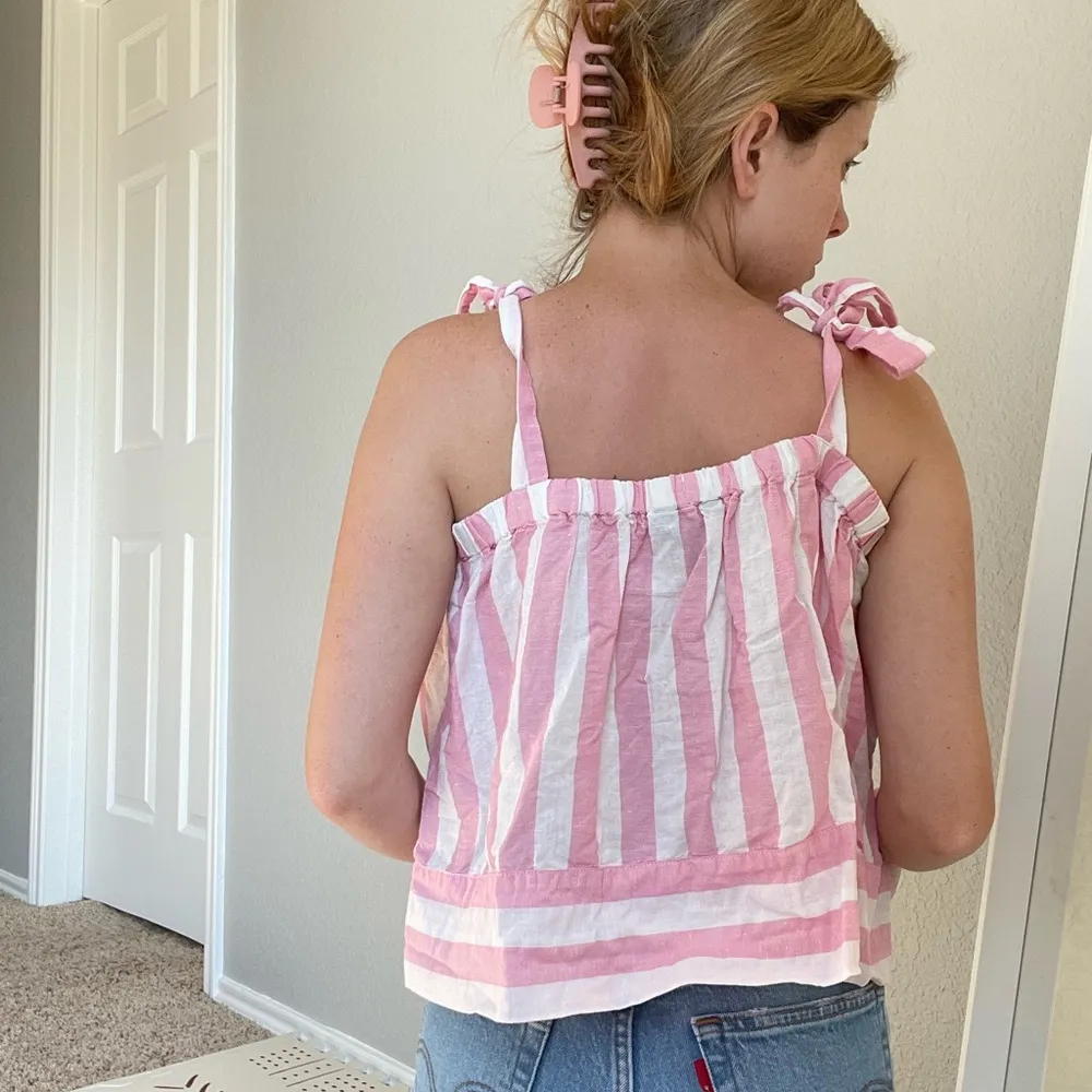 Pink Striped Linen Tie Strap Tank Top - Image 3