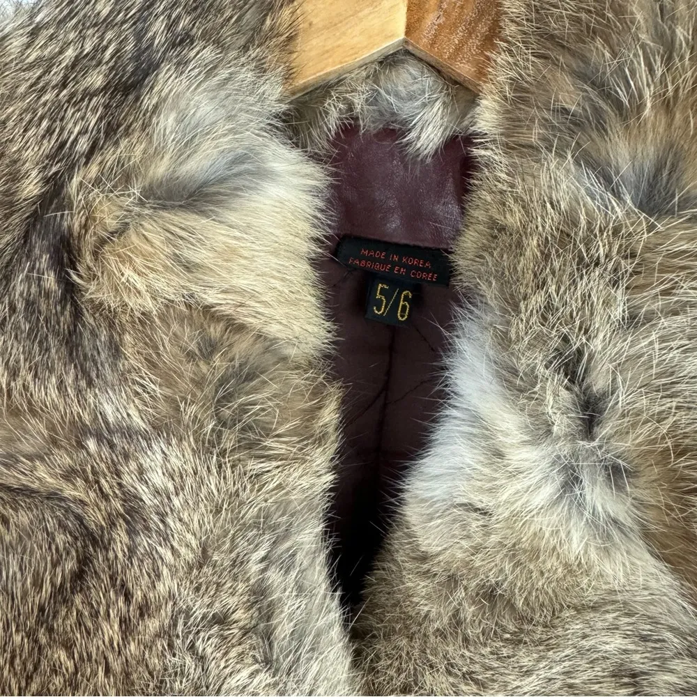 Vintage Leather Rabbitt Fur Trim Trench Tie Jacket Sz 5/6 Maroon Y2K Mob Wife Red - Image 11