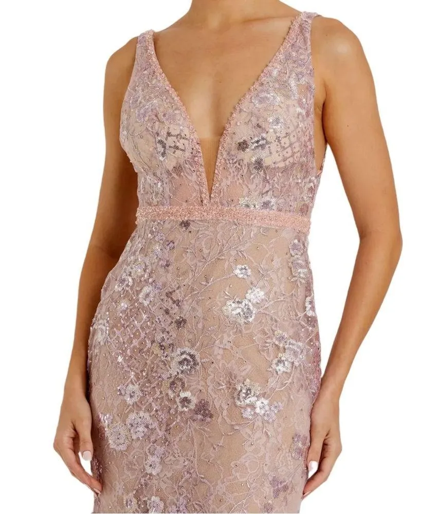 Mac Duggal Rose Pink Floral Embellished Sleeveless Plunge Neck Gown Women’s Sz 4 - Image 3