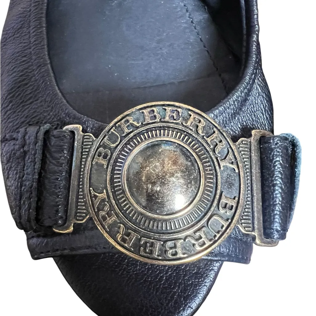 BURBERRY Medallion Ballet Flats Black Leather Peep Toe Shoes Italy Size 40 US 10 - Image 9