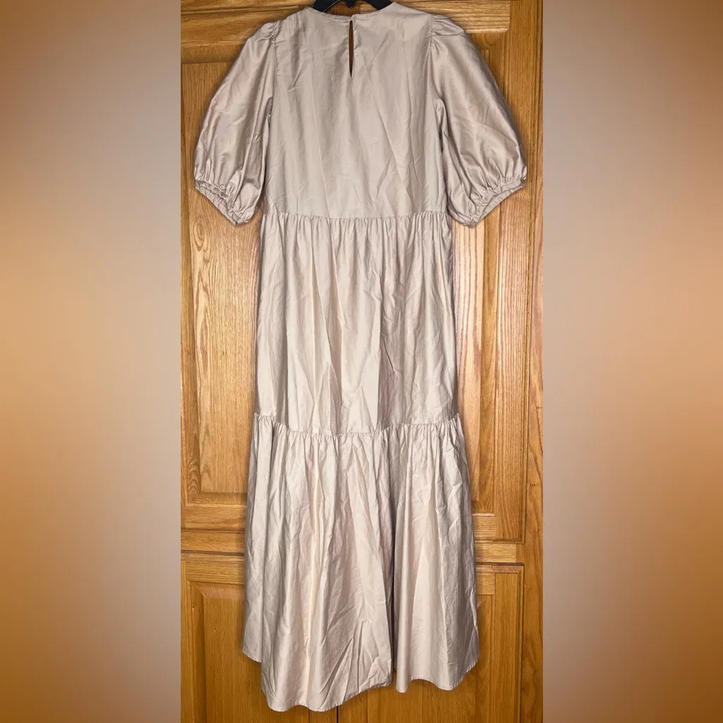 ZARA Asymmetric Puff Sleeve Tiered Cotton Poplin Midi Dress‎ in Camel Size XS - Image 15