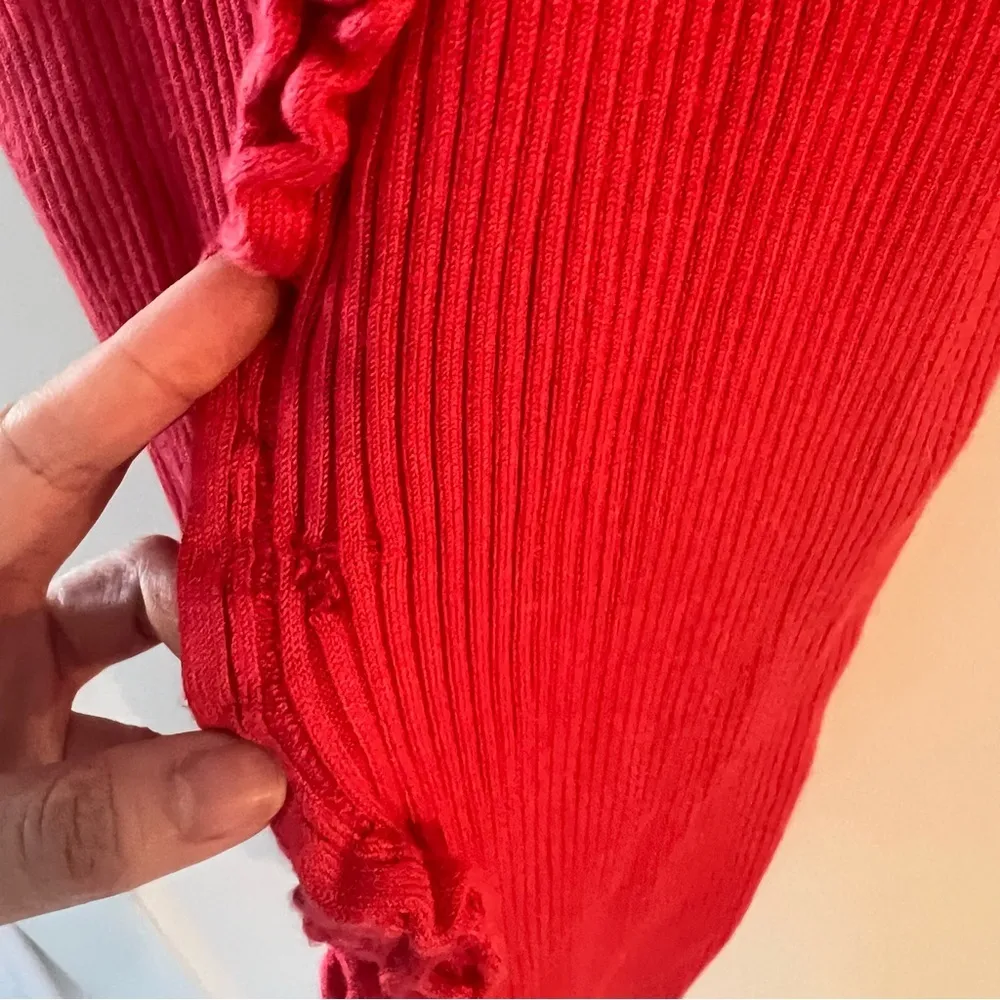 Find Me Now Ribbed Knit Ruffle Trim Retro Long Sleeve MIDI Length Sweater Small Red - Image 4