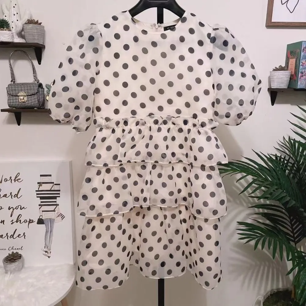 NWT En Saison Organza Polka Dot Print Mini Dress Size Small Ivory Black - Image 2