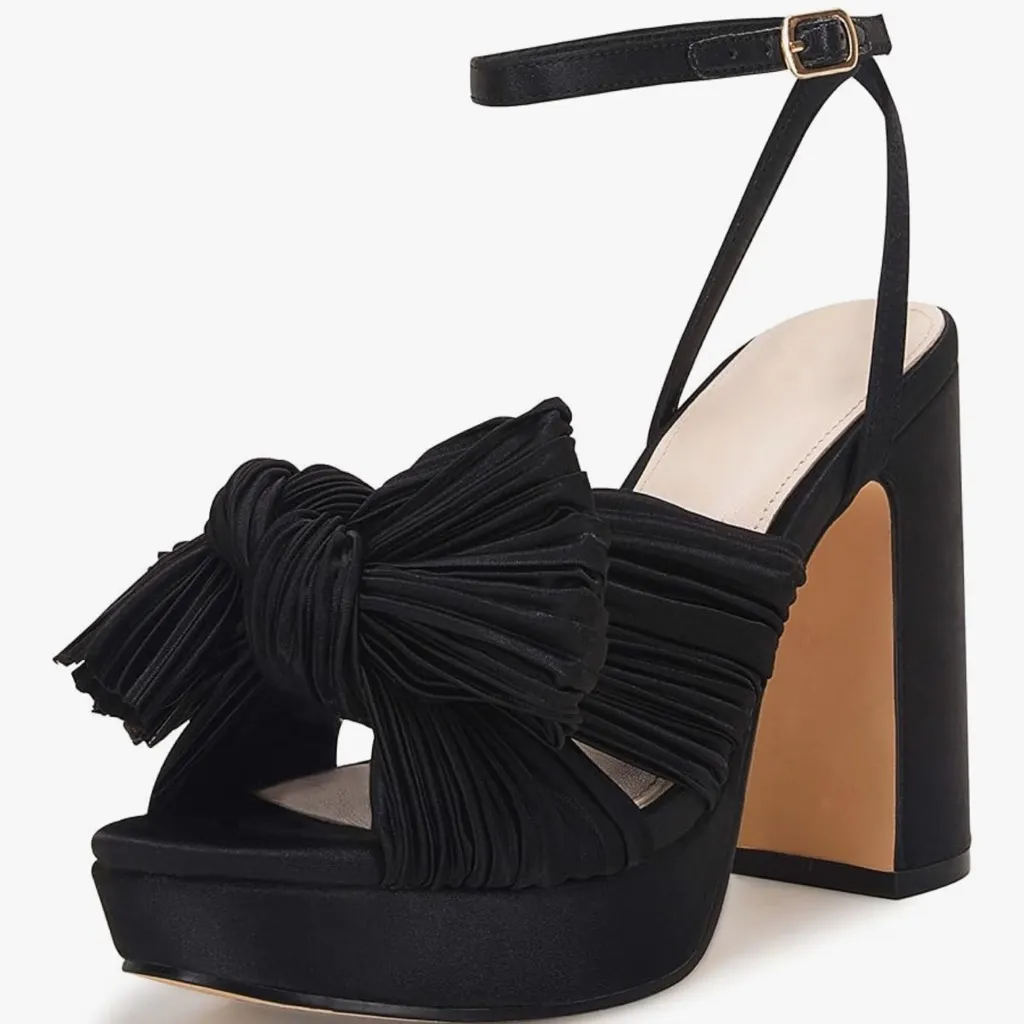 Black Pleated Bow Platform Open Toe Sandals Size 6 - Image 2