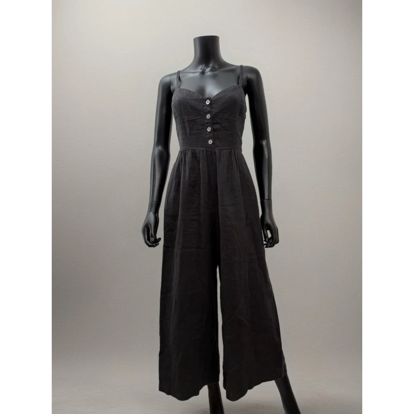 Madewell‎ 100% Linen Black Button Front Wide Leg Jumpsuit Women's 2 - Image 4