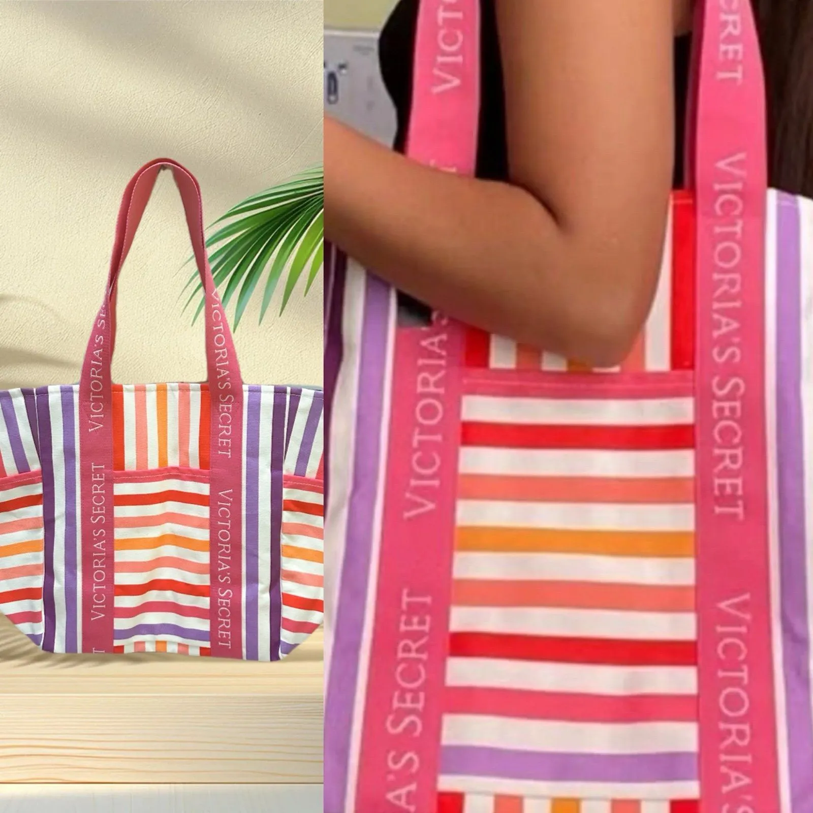 Victoria's Secret Striped Tote Bag - Pink, Orange, Purple - Image 3