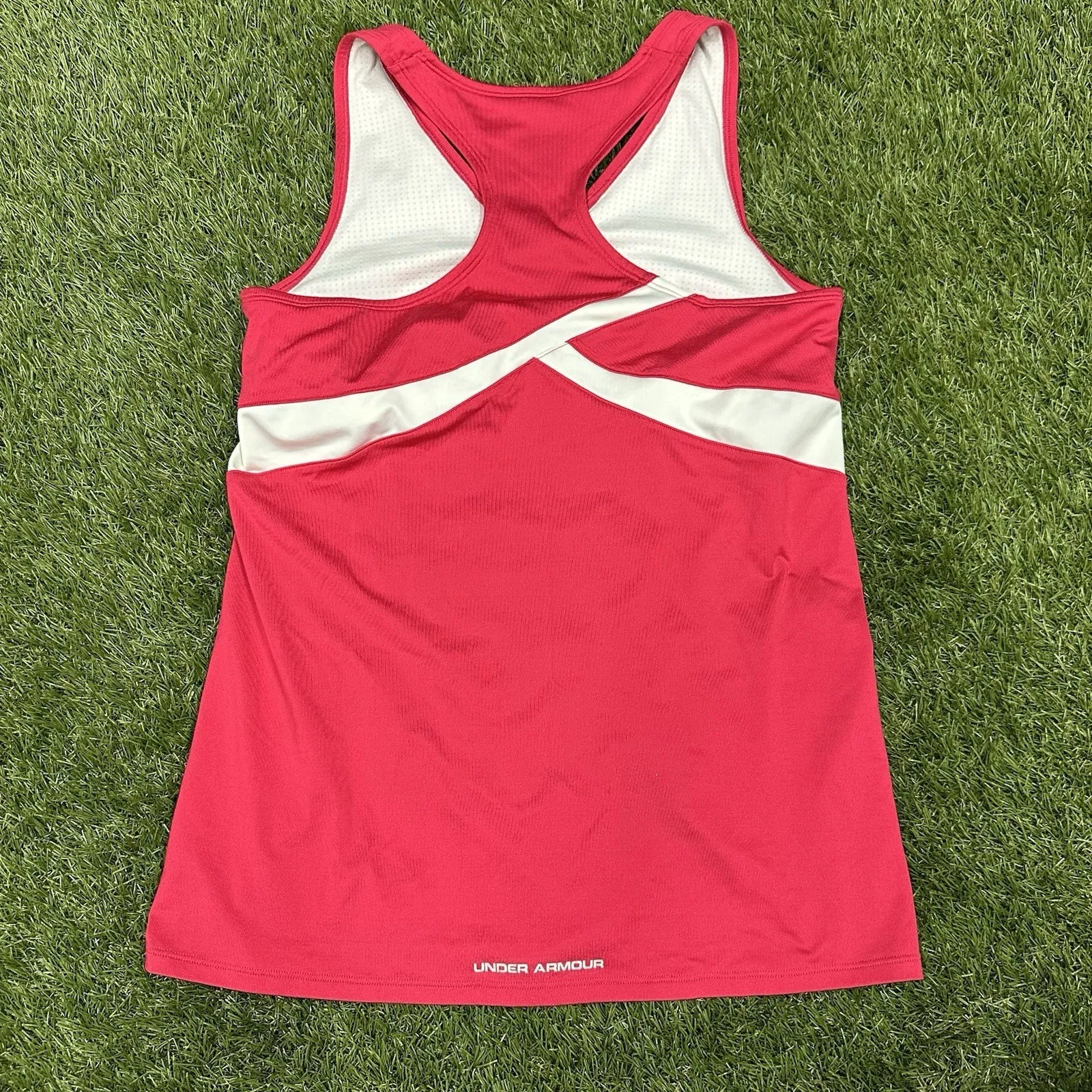 Under Armour heatgear women's‎ M racerback tank top pink white lightly lined bra Size M - Image 3