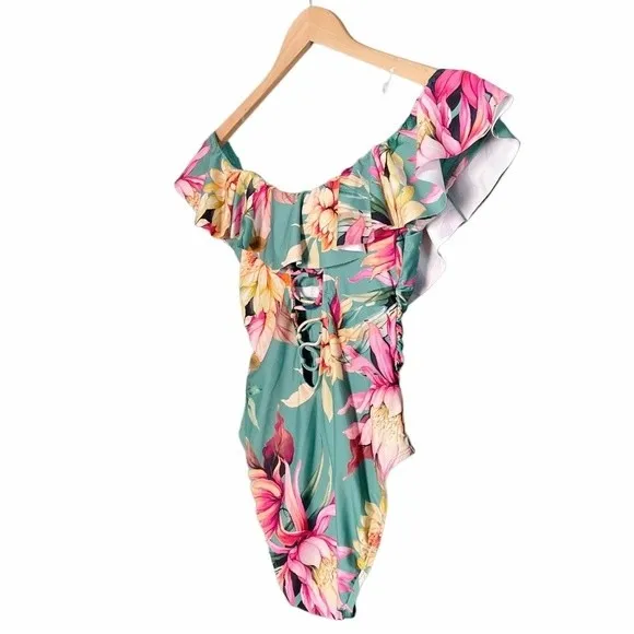 NWT La Blanca Jade Garden Floral Off Shoulder Ruffle One-Piece Swimsuit Size 8 - Image 12
