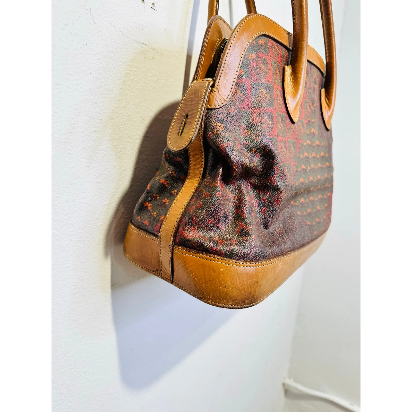 Vintage ESCADA Paisley Print Dome Leather Hard Shell Travel Set Handbag Purse Brown - Image 11