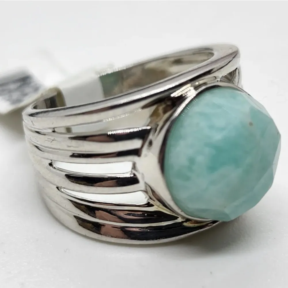 Faceted Pale Blue Larimar & Triple Shank Sterling Silver Boutique Ring Sz 7•3/4 - Image 4