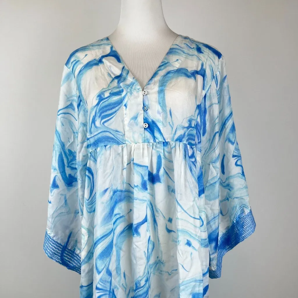 $405 NWOT Johnny Was Embroidered Marble Ocean Silk Kimono Midi Dress Size M Blue - Image 3