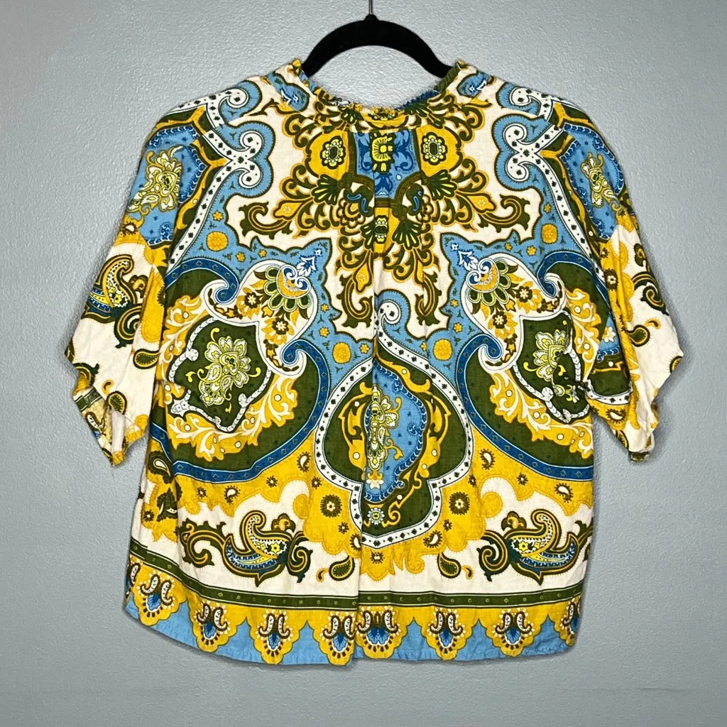 Haute Hippie Style Linen Blend Boho Paisley Patchwork Print Top Green Blue M - Image 3