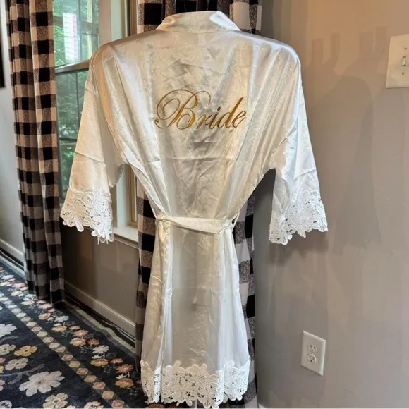 White Satin “Bride” Robe with Lace Trim Size undefined - Image 2